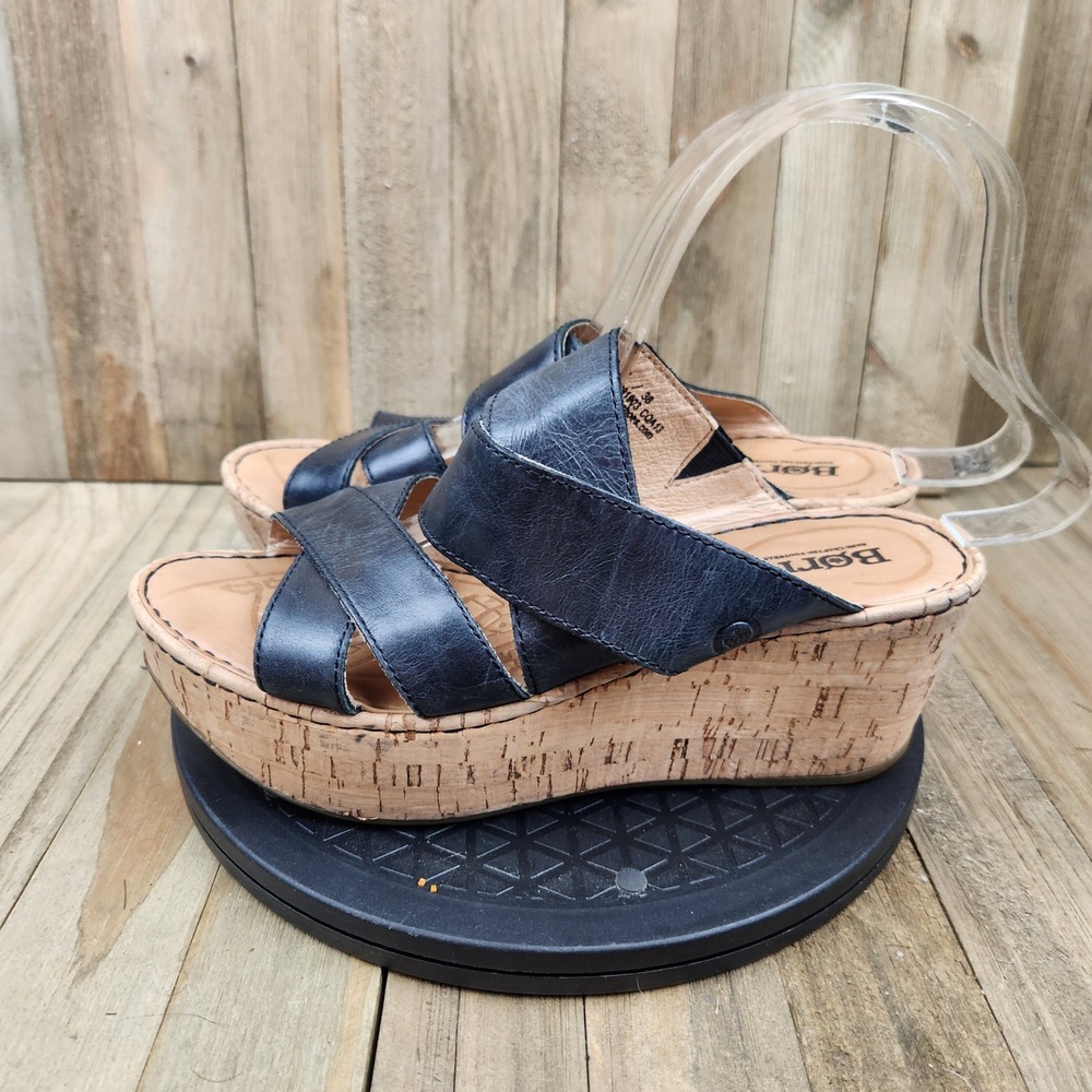 Born Cork Wedge Platform Sandals Womens size 7 / 38 Black Leather B81903